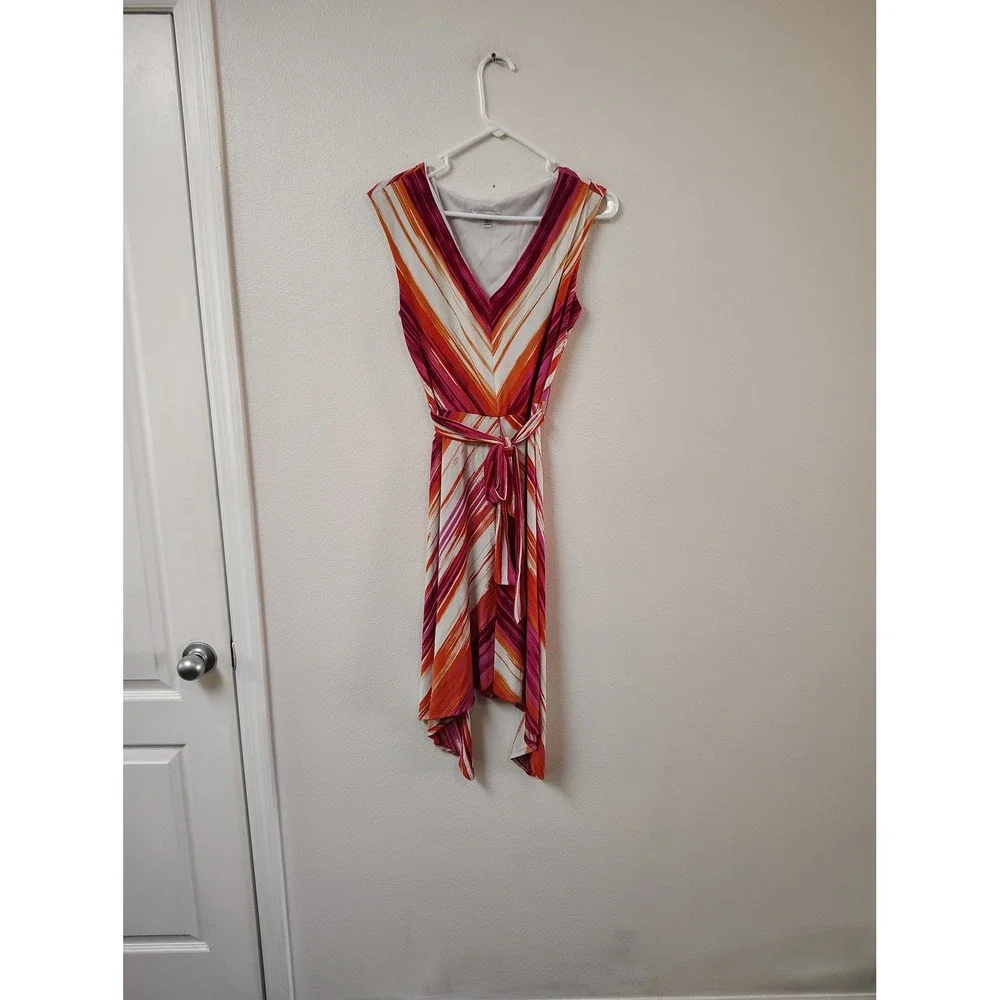 Sandra Darren  Pink Orange Striped Handkerchief Hem Belted V-Neck Dress 10